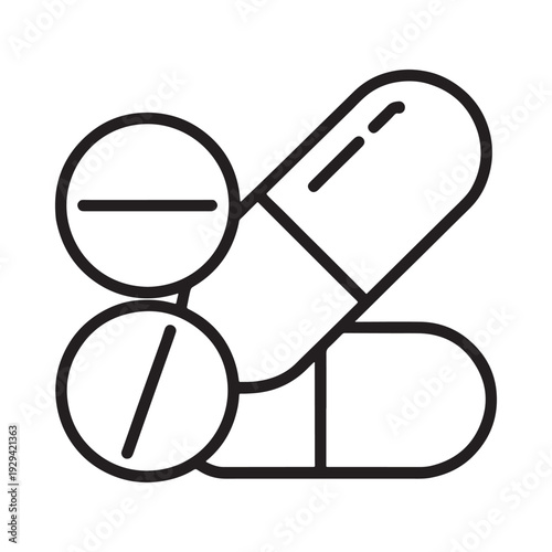 Line art illustration depicting two tablets and a capsule representing medication