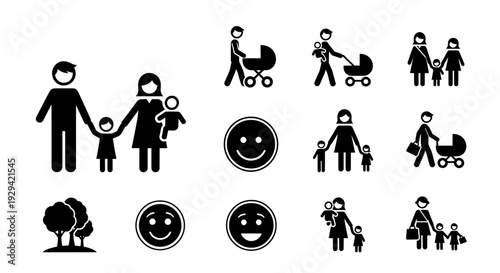 Family and Happiness Icons - Parents, Children, Stroller, Smiley Faces