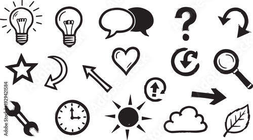 Collection of various black and white icons and symbols for communication and problem solving