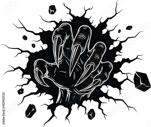A dramatic illustration of a hand bursting through the ground