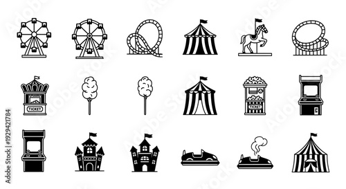 Amusement Park Icons - Roller Coaster, Ferris Wheel, Cotton Candy, Castle