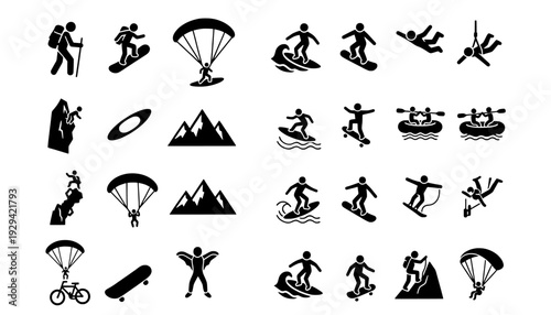Extreme Sports and Adventure Icons - Surfing, Skydiving, Kayaking
