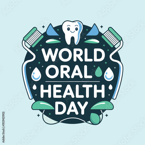 Oral Health Day toothbrushes, toothpaste, and text on a dark blue background smile design