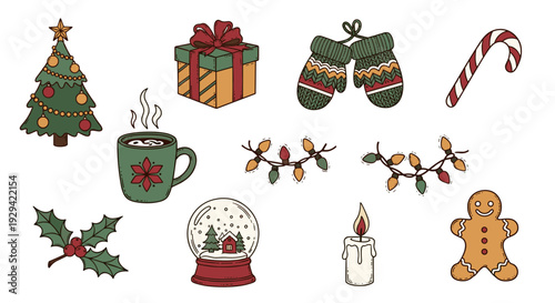 Illustration of festive holiday elements and winter symbols