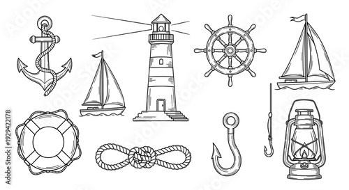 Nautical Black and White Hand-Drawn Elements for Marine Adventures and Ocean Themes