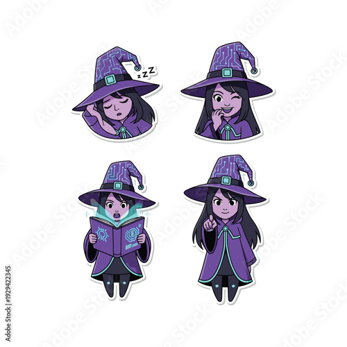 Cartoon witch characters in purple robes and hats with mystical elements