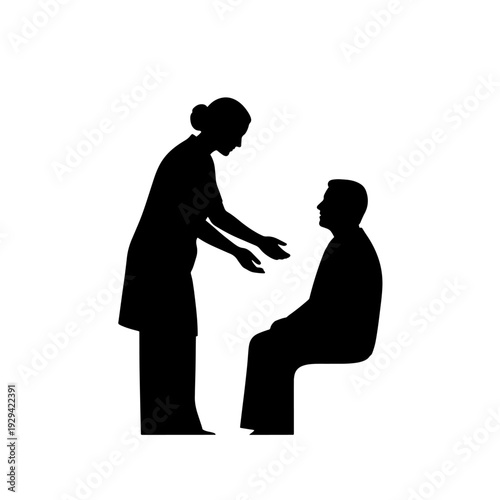 Silhouette of a woman caregiver attending to a seated man, showing care and assistance.