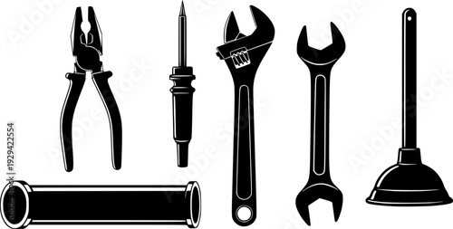 Industrial repair and maintenance tools silhouette set, professional plumbing and mechanical equipment vector illustration.