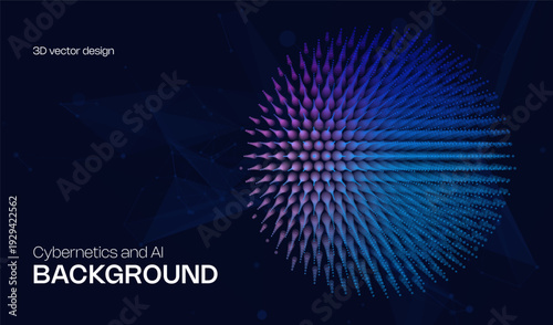 Abstract ai cyber background with 3d sphere from dots and circles. Big data digital science and technology design and tech blockchain blue business concept. Computer network connection pattern.