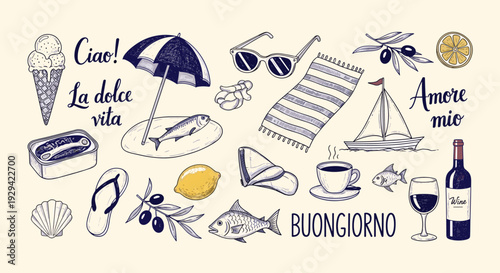 Illustration of assorted elements evoking an Italian holiday or Mediterranean lifestyle