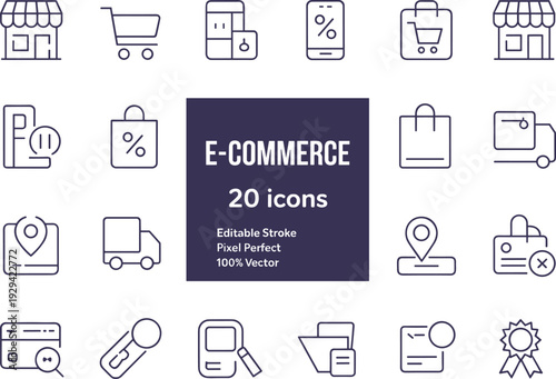 E-commerce icon set with online shopping, digital commerce, payment methods, delivery, storefront, mobile apps, customer service, vector illustration