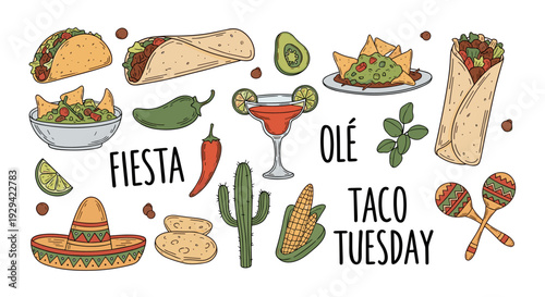 Vibrant Hand-Drawn Fiesta Theme Elements with Festive Food and Decorations