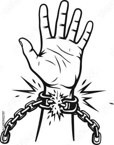 A hand breaking free from heavy metal chains and shackles