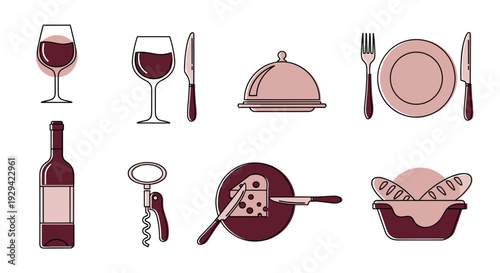 Elegant Dining Elements: Vector Icons of Food Wine and Tableware for Culinary Concepts