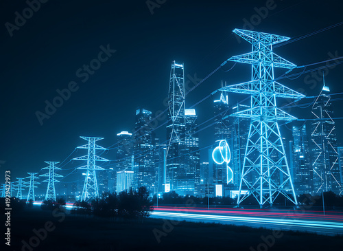 Neon blue transmission towers loom over a dark city skyline at night. High voltage powerlines connect illuminated skyscrapers. Energy grid infrastructure fuels urban development. Futuristic Urban Ener