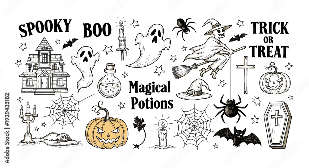 Naklejka premium Fun Halloween Doodle Pattern with Spooky Elements and Festive Text