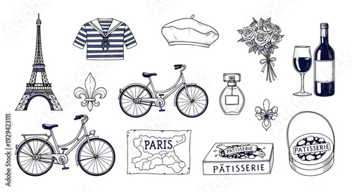 A collection of French-themed line art illustrations evoking romance and culture
