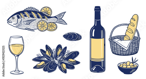 Mediterranean Seafood and Wine Delights in a Hand-Drawn Culinary Illustration