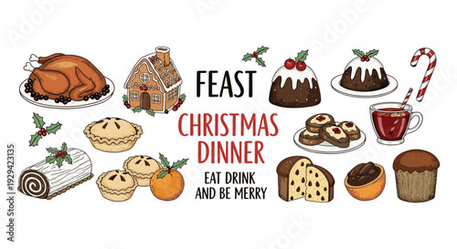Abundant Festive Holiday Meal Illustration with Traditional Dishes Sweets and Text