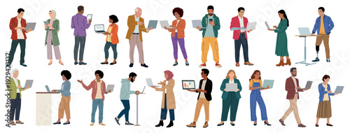 Flat vector illustration featuring a diverse group of people arranged in rows, interacting with laptops, tablets, smartphones, and standing desks. Isolated on transparent background