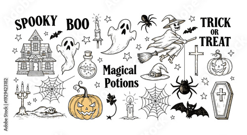 Fun Halloween Doodle Pattern with Spooky Elements and Festive Text