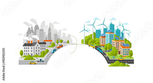 Sustainable City Transformation: From Polluted Urban Landscape to Green Eco-Friendly City with Renewable Energy and Smart Living