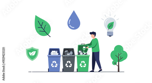 Eco-Friendly Recycling: Man Sorting Waste into Bins for Sustainable Living and Environmental Protection