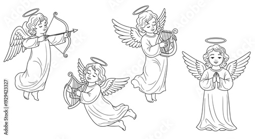 Outline drawing of various cherubs with wings halos and musical instruments