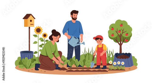 Family Gardening: Parents and Son Planting and Watering an Organic Vegetable Garden, Nurturing Nature, Healthy Living & Sustainable Growth.