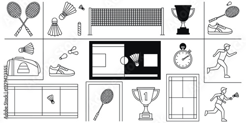 Badminton equipment collage with rackets, shuttlecocks, net, trophy, shoes, stopwatch, sports bag, players, court elements, flat vector illustration