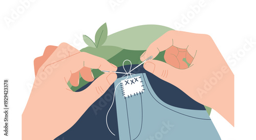 Hands Sewing a Patch onto Fabric. DIY Clothing Repair, Sustainable Fashion & Upcycling Concept.