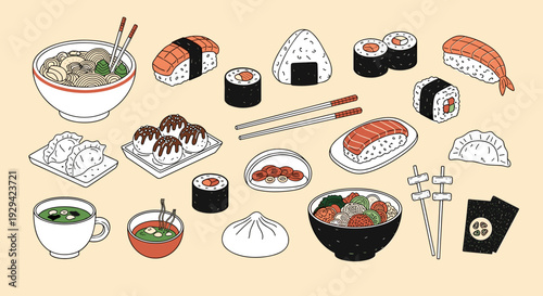 Vibrant illustration of various Asian dishes a culinary delight collection concept art