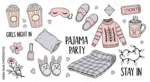 Cozy Evening Essentials Collection: Illustrated Pajama Party Items and Relaxing Objects