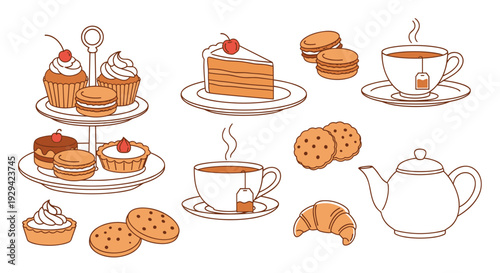 Delightful Array of Tea Time Treats and Beverages in Charming Outline Art Style