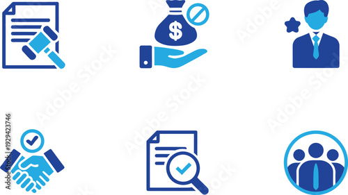 Legal Services and Business Agreement Icons. Law, Justice, Contract, and Professional Handshake Symbols. Vector Illustration