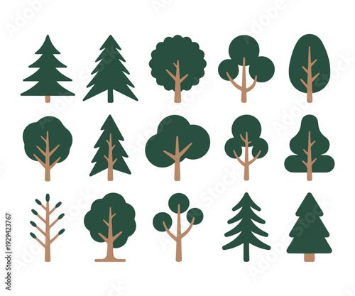 Set of tree icons vector design, different green plant shapes of pine oak and birch for forest