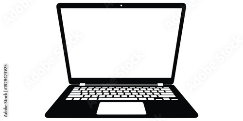 Laptop computer silhouette front view open screen keyboard touchpad digital device technology work education communication flat vector illustration