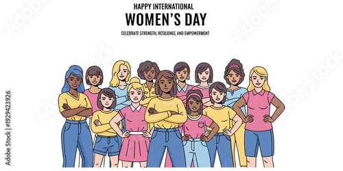 International Women’s Day celebration diverse group of women unity strength empowerment inclusivity resilience equality feminism solidarity flat vector illustration
