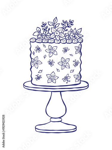 Easter cake ink illustration. Vector hand drawn holiday pastry decorated with flowers and bee. Spring celebration food, festive cake