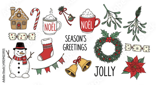 Festive Hand-Drawn Christmas and Winter Holiday Elements with Cheerful Illustrations