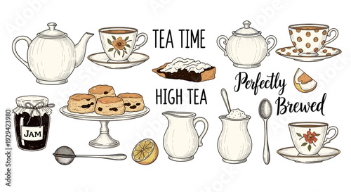 Elegant Hand Drawn Tea Time Elements with Scones Teacups and Desserts 
