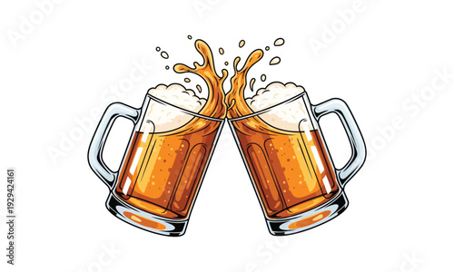Vibrant Cartoon Beer Mugs Toasting with Splashing Foam and Golden Lager