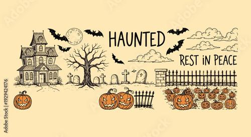 Spooky Halloween Scene: Haunted House Cemetery Pumpkins and Bats Doodle Art