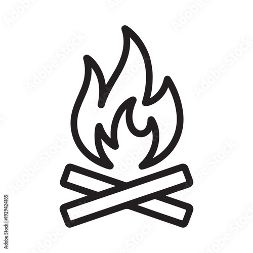 Simple black and white line drawing of a campfire with crossed logs