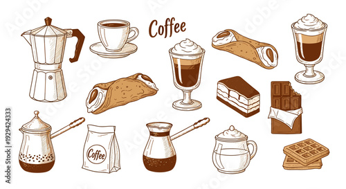 Illustration of various coffee beverages sweets and brewing equipment