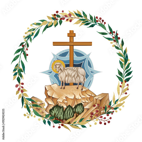 Wallpaper Mural Behold the Lamb of God who takes away the sin of the world. Agnus Dei. Decorative vintage floral wreath, illustration in Byzantine style isolated Torontodigital.ca