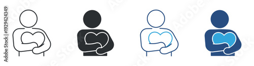Self love icon set, person hugging heart symbol line and solid vector illustration