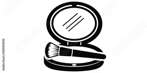 Makeup compact case mirror powder brush cosmetic beauty tool personal grooming fashion accessory skincare product design flat vector illustration