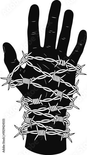 A black hand wrapped in barbed wire on a white background