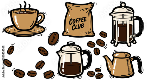 Illustration showing various coffee preparation items and beans